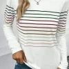 Sale Dear-Lover Multicolor Striped Crew Neck Long Sleeve Top White