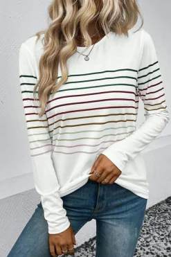 Sale Dear-Lover Multicolor Striped Crew Neck Long Sleeve Top White