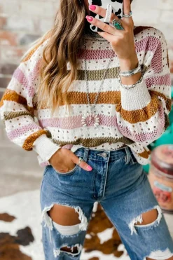Hot Dear-Lover Striped Hollowed Knitted Loose Sweater Multicolor