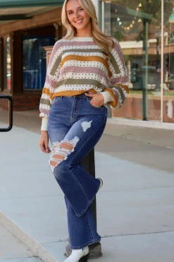 Hot Dear-Lover Striped Hollowed Knitted Loose Sweater Multicolor