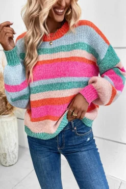 Hot Dear-Lover Striped Knit Drop Shoulder Puff Sleeve Sweater Multicolor