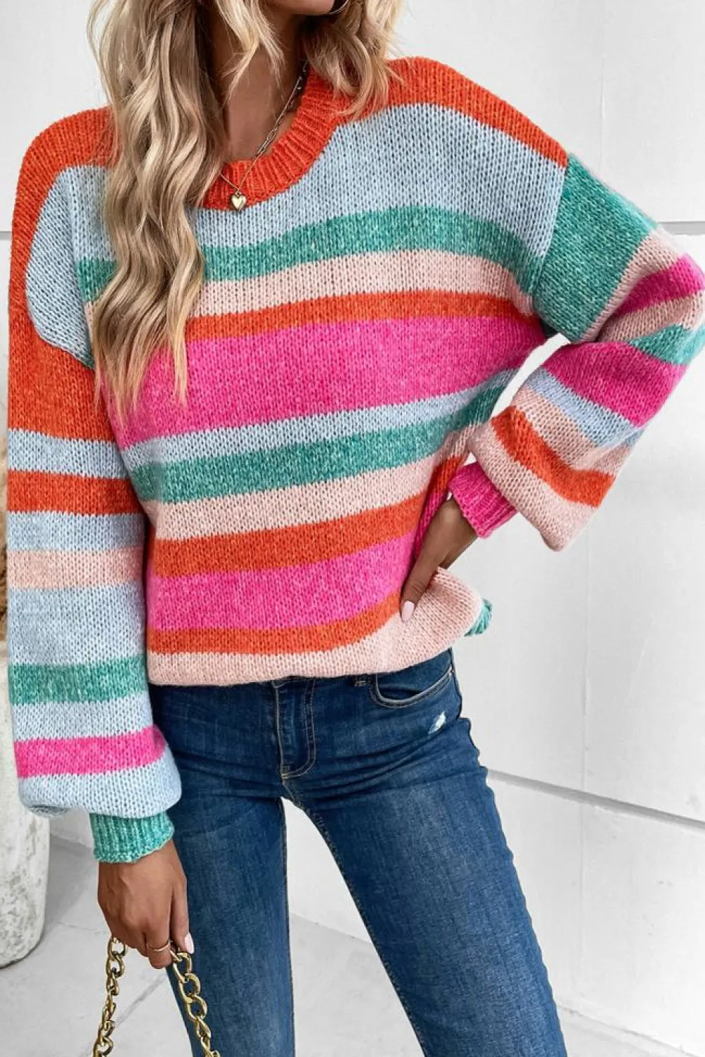 Hot Dear-Lover Striped Knit Drop Shoulder Puff Sleeve Sweater Multicolor