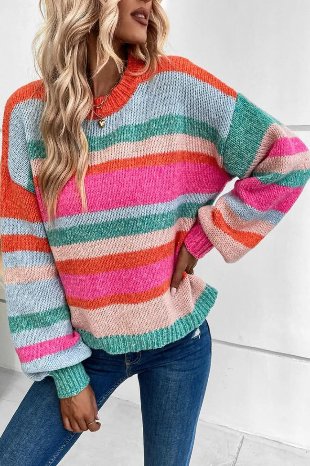 Hot Dear-Lover Striped Knit Drop Shoulder Puff Sleeve Sweater Multicolor