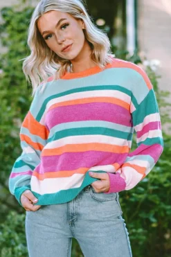 Hot Dear-Lover Striped Knit Drop Shoulder Puff Sleeve Sweater Multicolor
