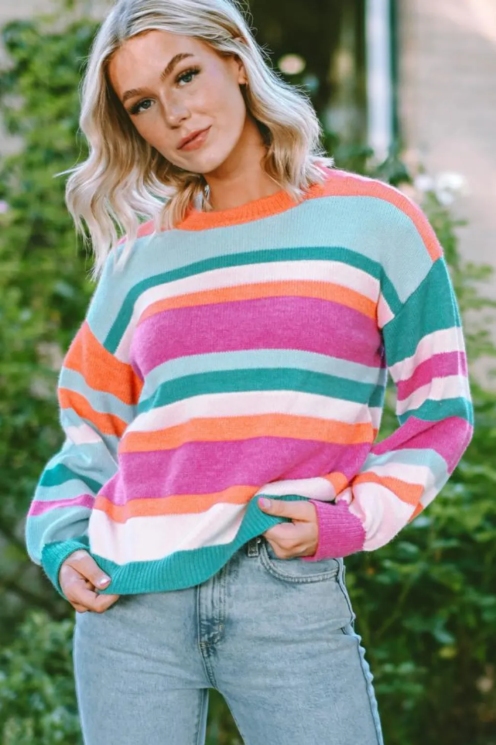 Hot Dear-Lover Striped Knit Drop Shoulder Puff Sleeve Sweater Multicolor