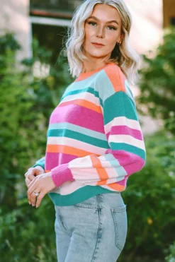 Hot Dear-Lover Striped Knit Drop Shoulder Puff Sleeve Sweater Multicolor
