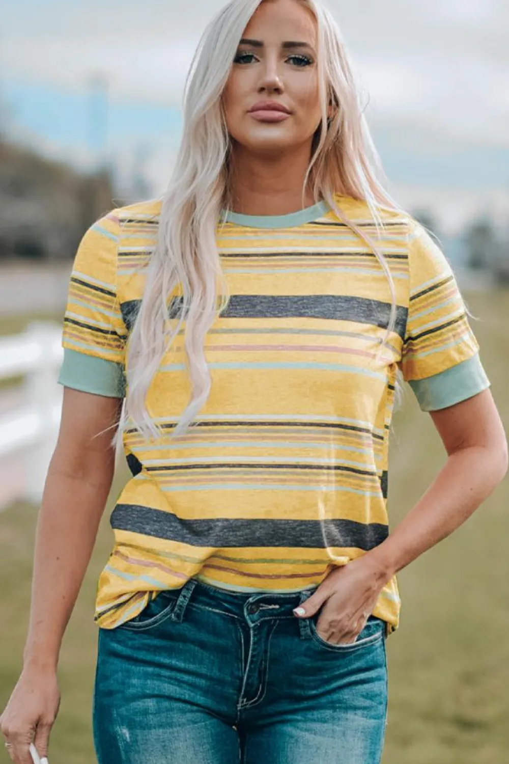 Sale Dear-Lover Multicolor s Crew Neck T Shirt Stripe