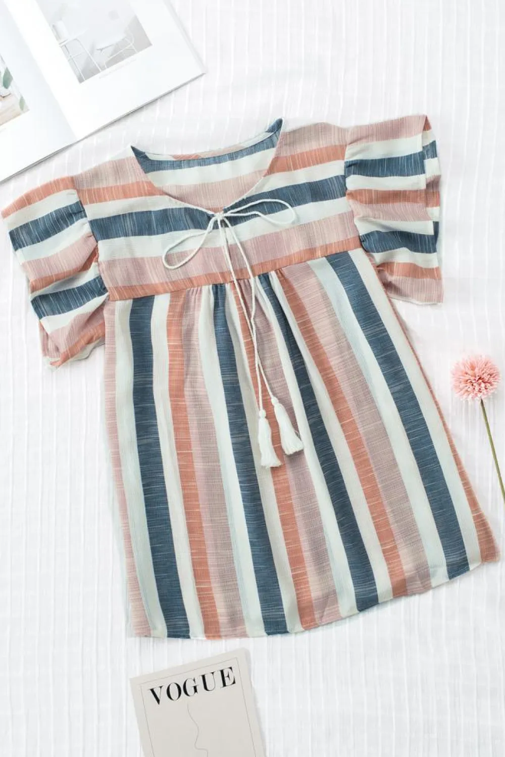 Online Dear-Lover Stripes Split Neck Pleated Ruffled Short Sleeves Top Multicolor
