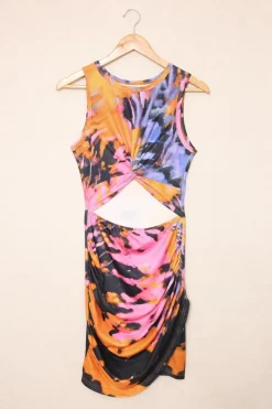 Sale Dear-Lover Multicolor Tie-dye Print Hollow Out Twist Bodycon Mini Dress Orange