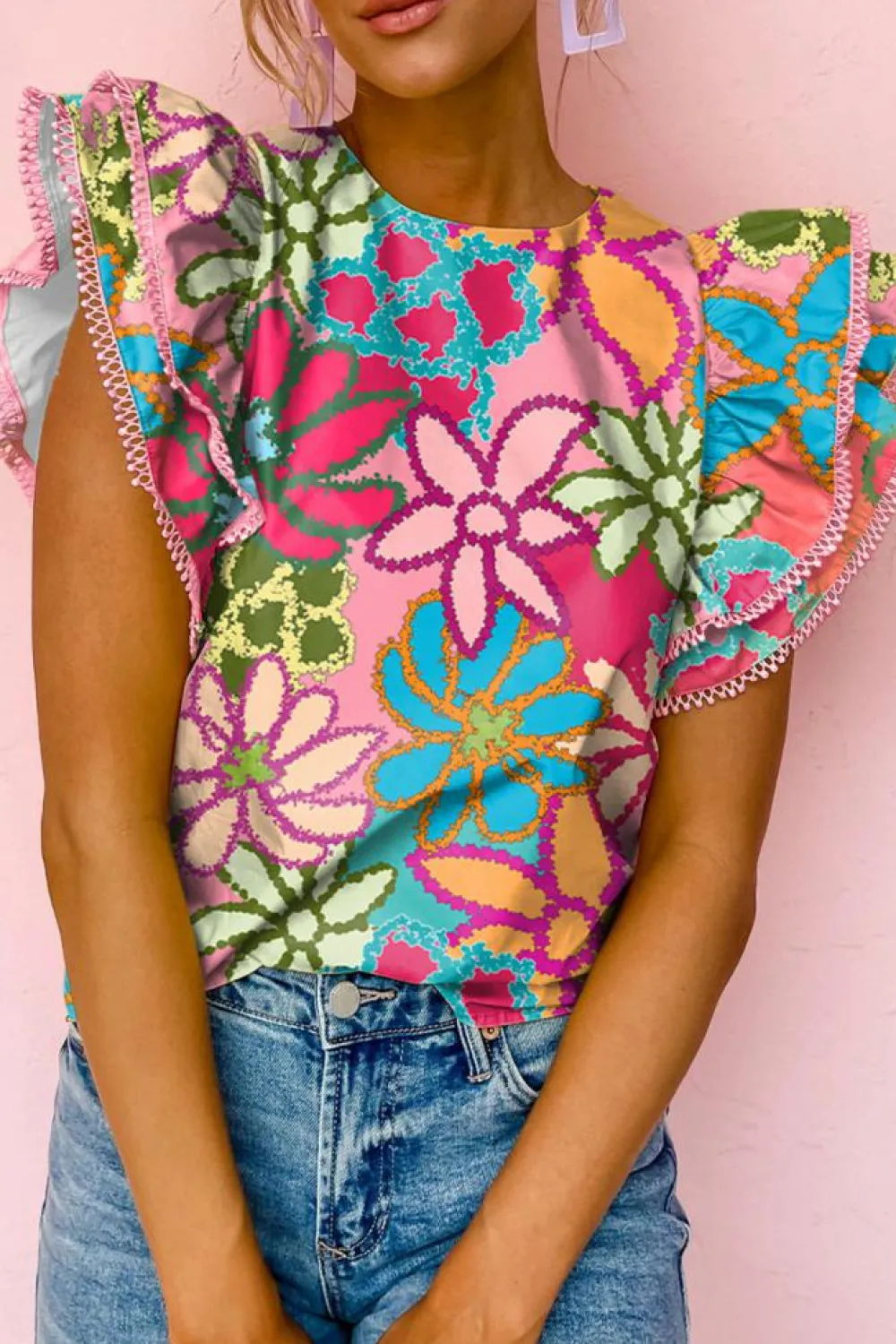 New Dear-Lover Vibrant Floral Print Trimmed Ruffle Sleeve Blouse Multicolor