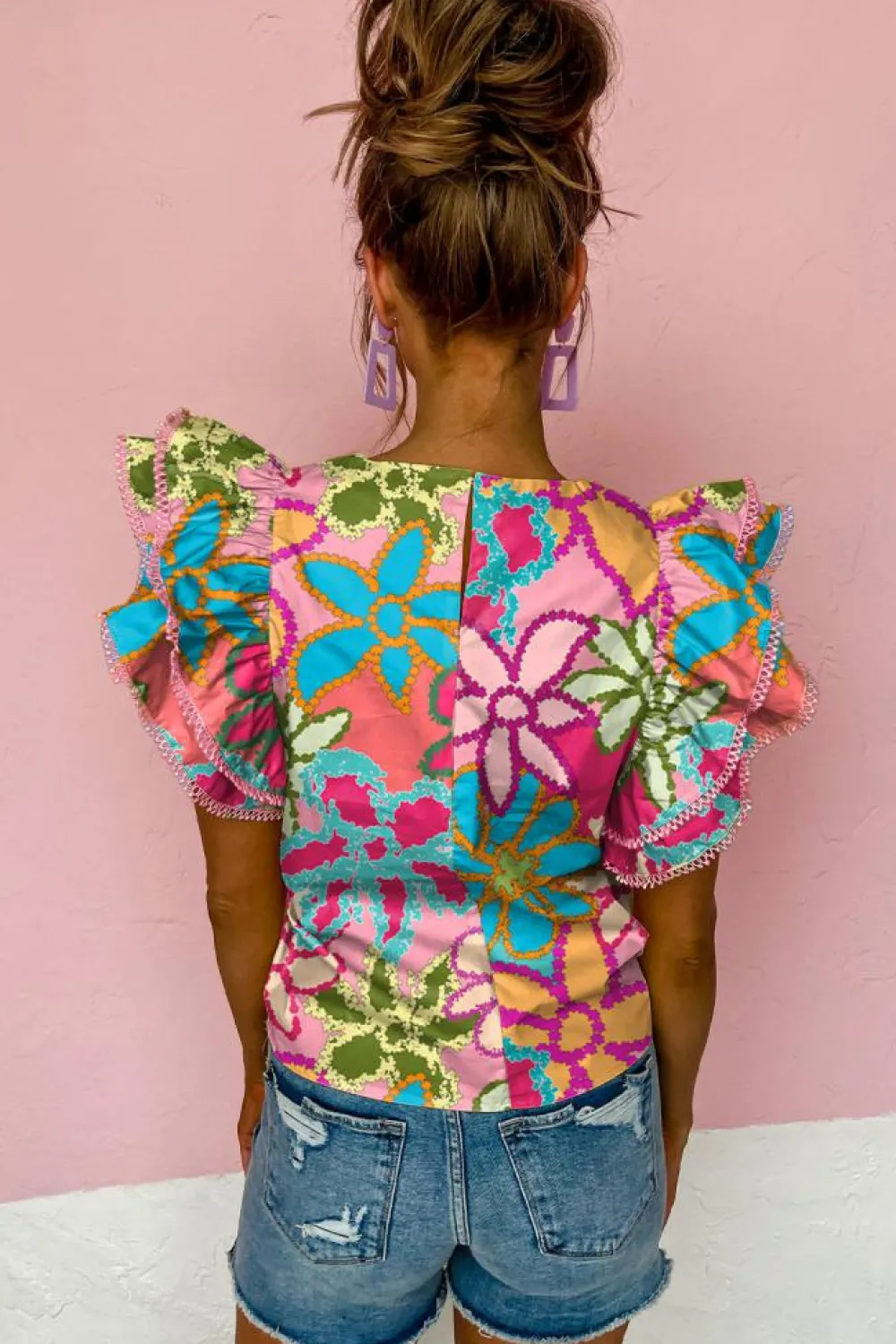 New Dear-Lover Vibrant Floral Print Trimmed Ruffle Sleeve Blouse Multicolor