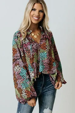 Best Dear-Lover Vibrant Floral Tie V Neck Puff Sleeve Blouse Multicolor