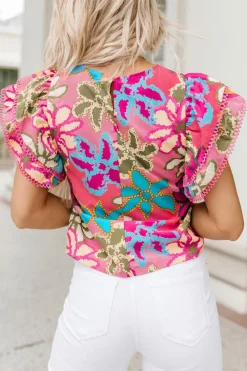 New Dear-Lover Vibrant Floral Print Trimmed Ruffle Sleeve Blouse Multicolor