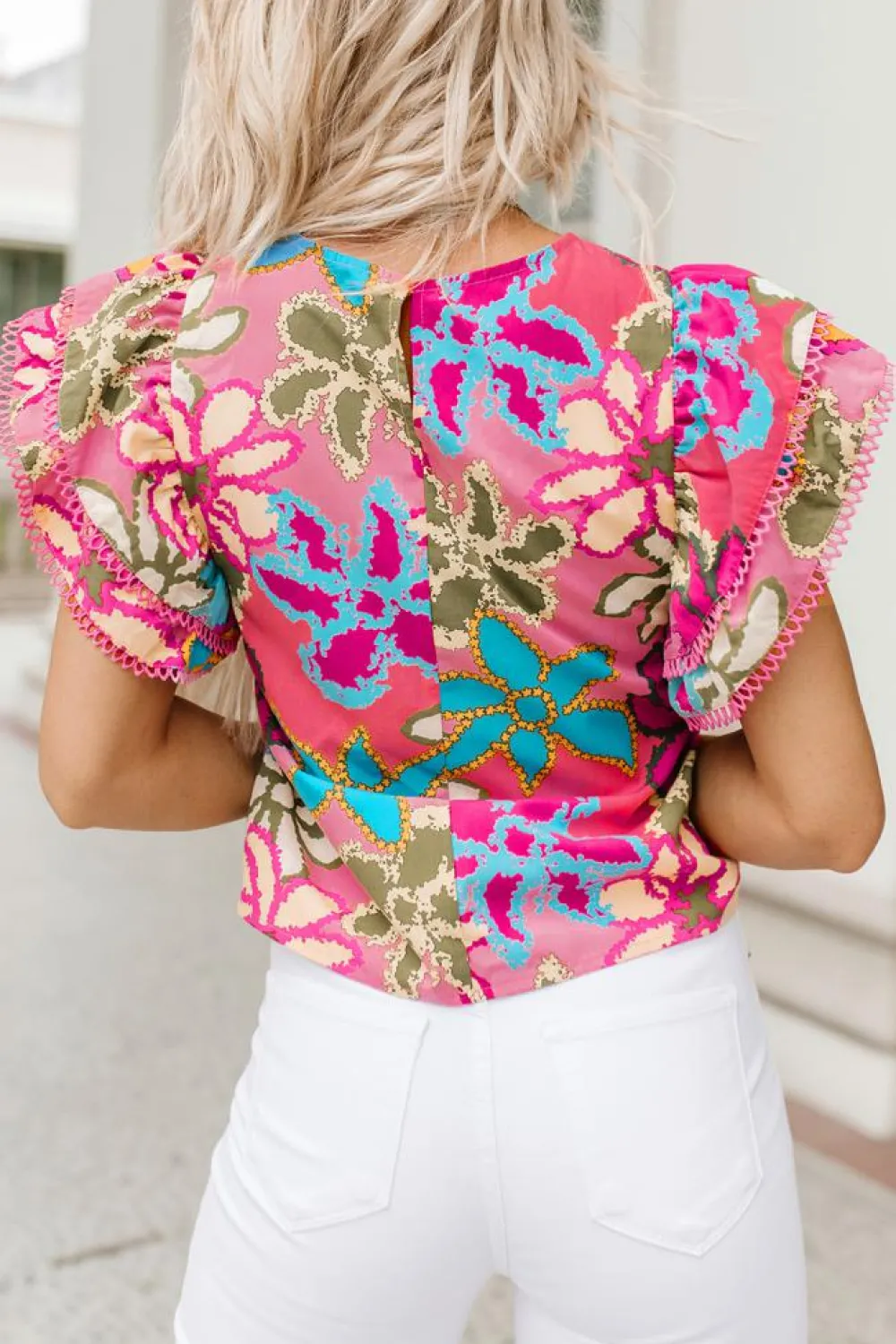 New Dear-Lover Vibrant Floral Print Trimmed Ruffle Sleeve Blouse Multicolor