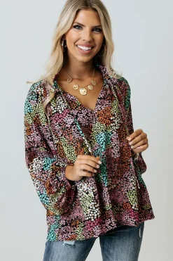 Best Dear-Lover Vibrant Floral Tie V Neck Puff Sleeve Blouse Multicolor
