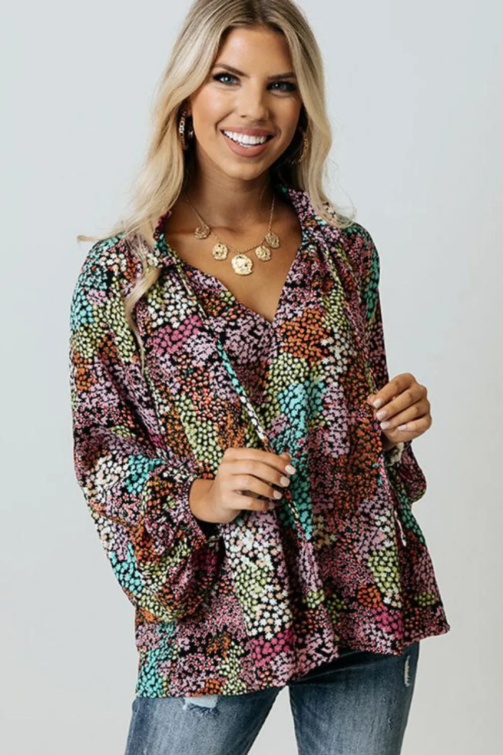 Best Dear-Lover Vibrant Floral Tie V Neck Puff Sleeve Blouse Multicolor