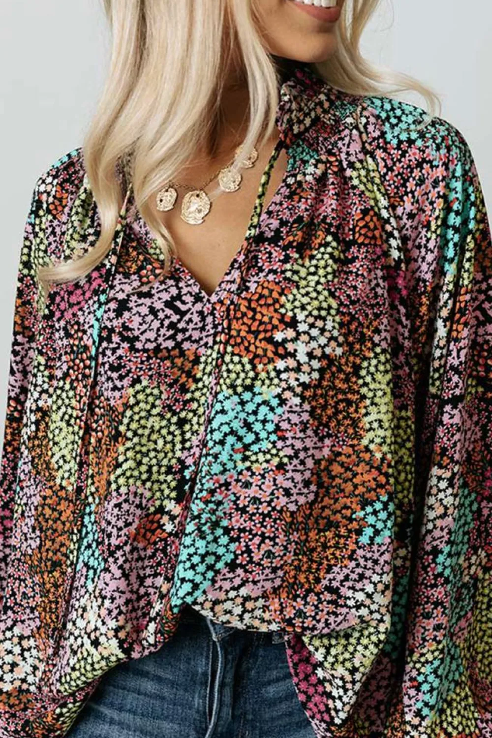Best Dear-Lover Vibrant Floral Tie V Neck Puff Sleeve Blouse Multicolor