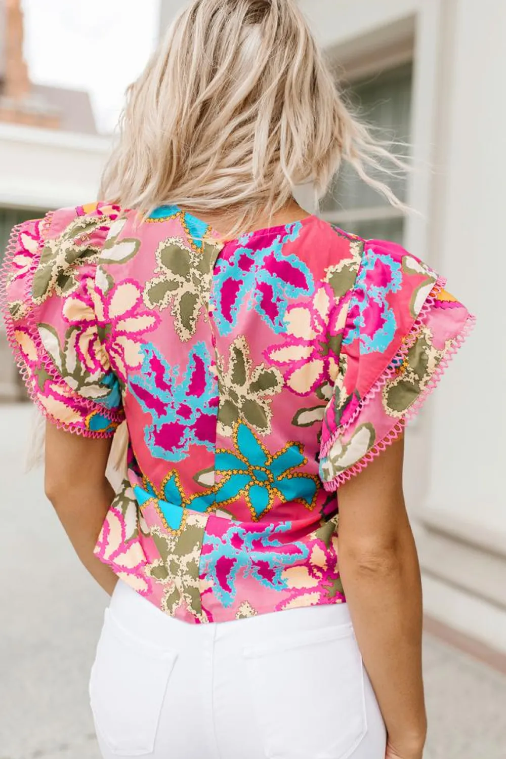 New Dear-Lover Vibrant Floral Print Trimmed Ruffle Sleeve Blouse Multicolor