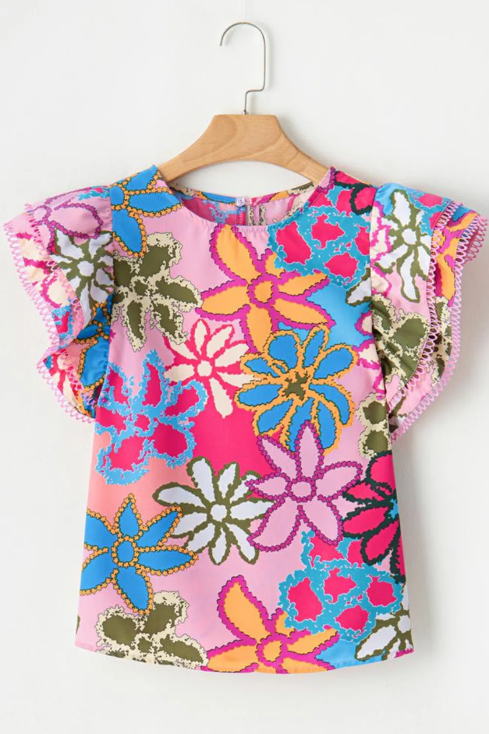 New Dear-Lover Vibrant Floral Print Trimmed Ruffle Sleeve Blouse Multicolor