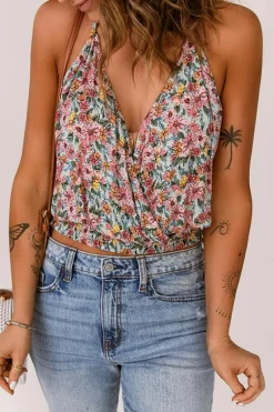 New Dear-Lover Wrapped V Neck Floral Tank Crop Top Multicolor