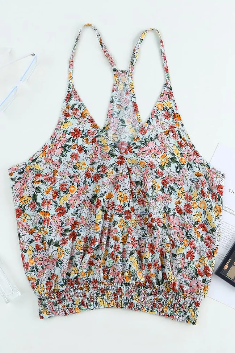 New Dear-Lover Wrapped V Neck Floral Tank Crop Top Multicolor
