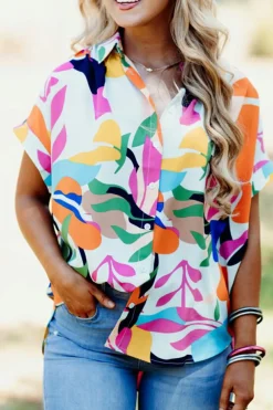 Hot Dear-Lover Abstract Leafy Print Short Sleeve Shirt Multicolour