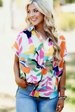 Hot Dear-Lover Abstract Leafy Print Short Sleeve Shirt Multicolour