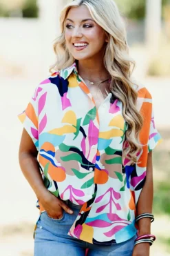 Hot Dear-Lover Abstract Leafy Print Short Sleeve Shirt Multicolour