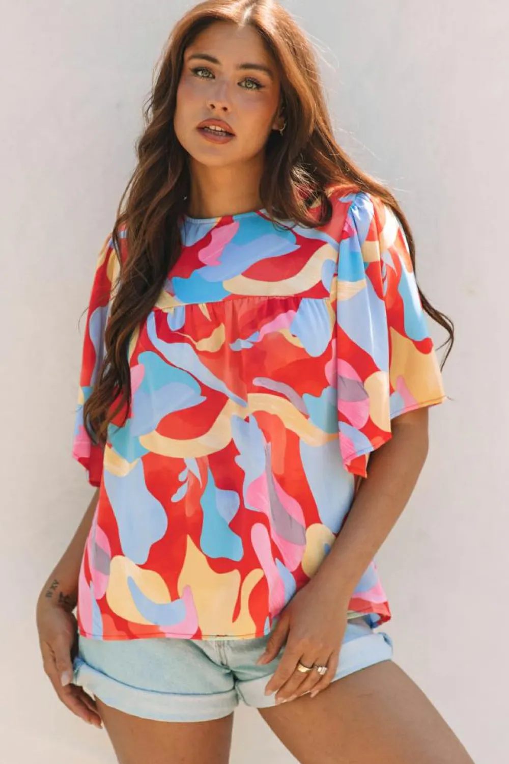 Hot Dear-Lover Abstract Pattern Wide Sleeve Crew Neck Blouse Multicolour