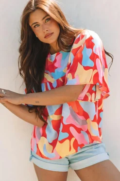 Hot Dear-Lover Abstract Pattern Wide Sleeve Crew Neck Blouse Multicolour