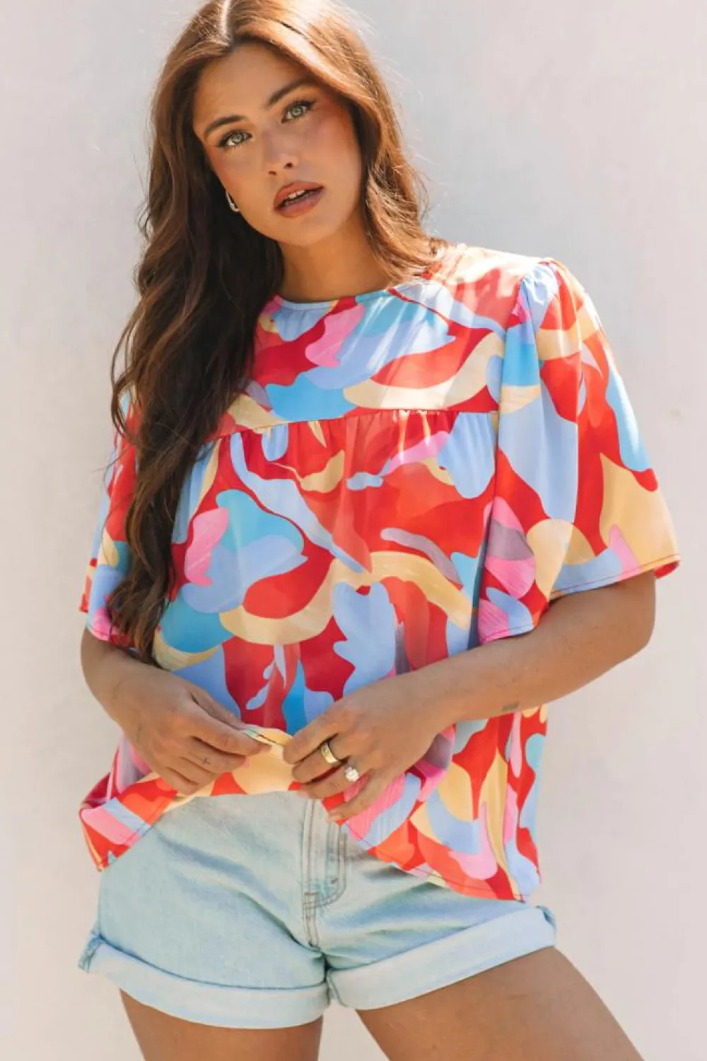 Hot Dear-Lover Abstract Pattern Wide Sleeve Crew Neck Blouse Multicolour
