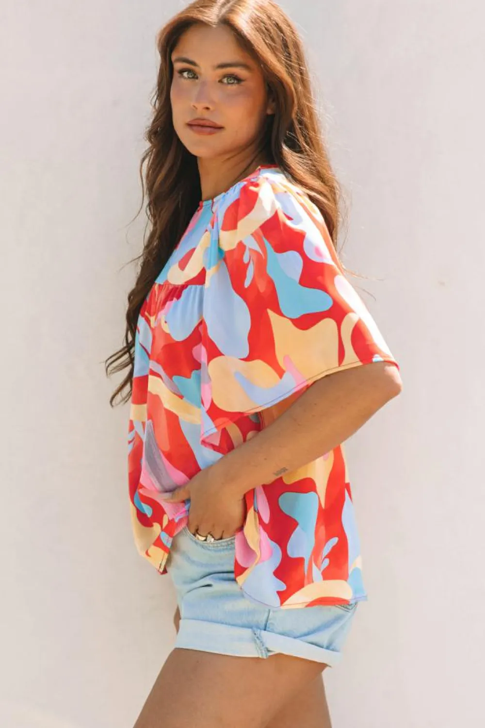 Hot Dear-Lover Abstract Pattern Wide Sleeve Crew Neck Blouse Multicolour