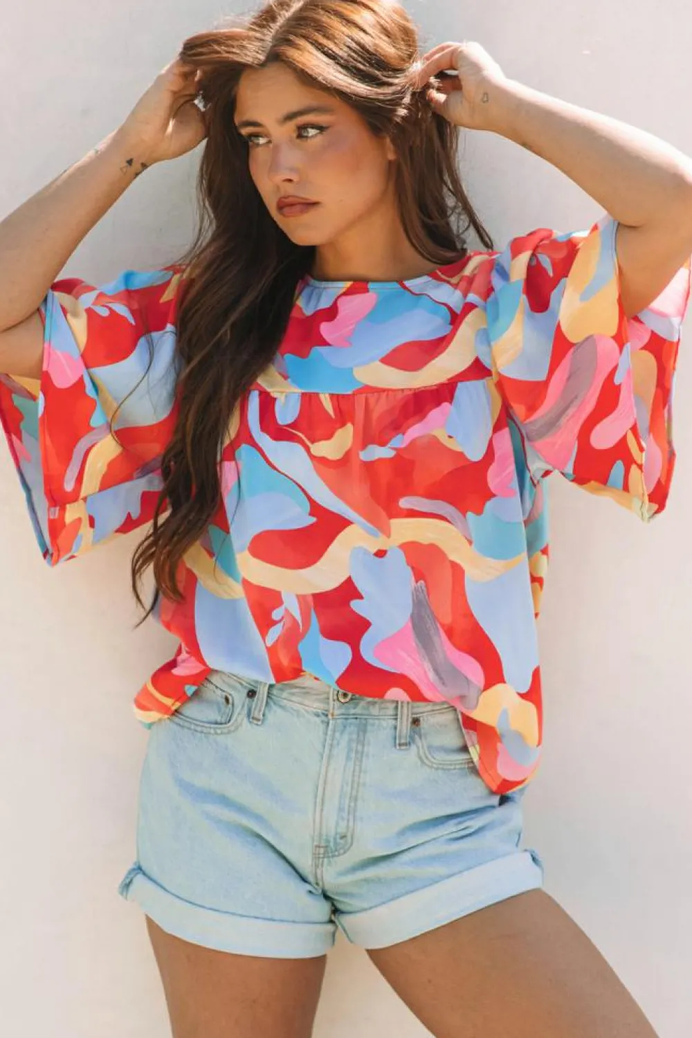 Hot Dear-Lover Abstract Pattern Wide Sleeve Crew Neck Blouse Multicolour