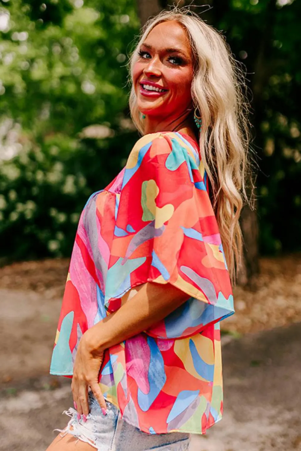 Hot Dear-Lover Abstract Pattern Wide Sleeve Crew Neck Blouse Multicolour