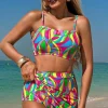 New Dear-Lover Abstract Print Textured Spaghetti Strap High Waist Bikini Set Multicolour
