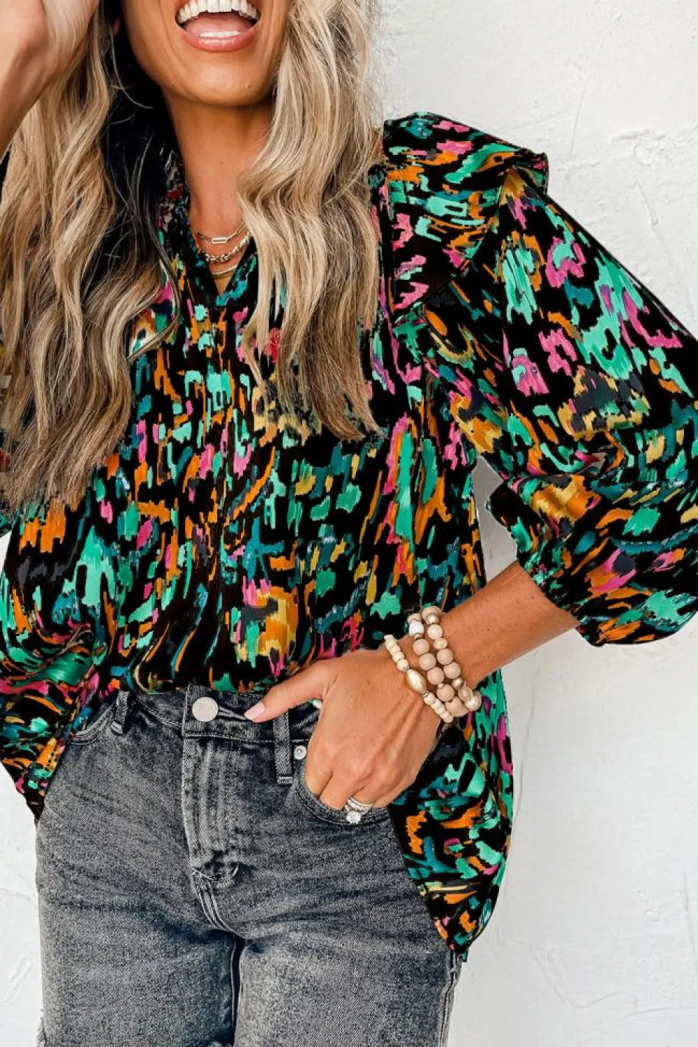 Clearance Dear-Lover Abstract Print 3/4 Puff Sleeve Ruffle Blouse Multicolour
