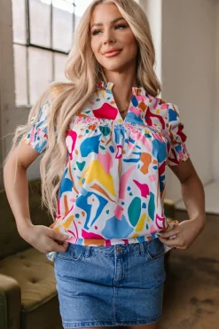 Sale Dear-Lover Abstract Print Lace Detail Shirred Short Sleeve Split Neck Blouse Multicolour