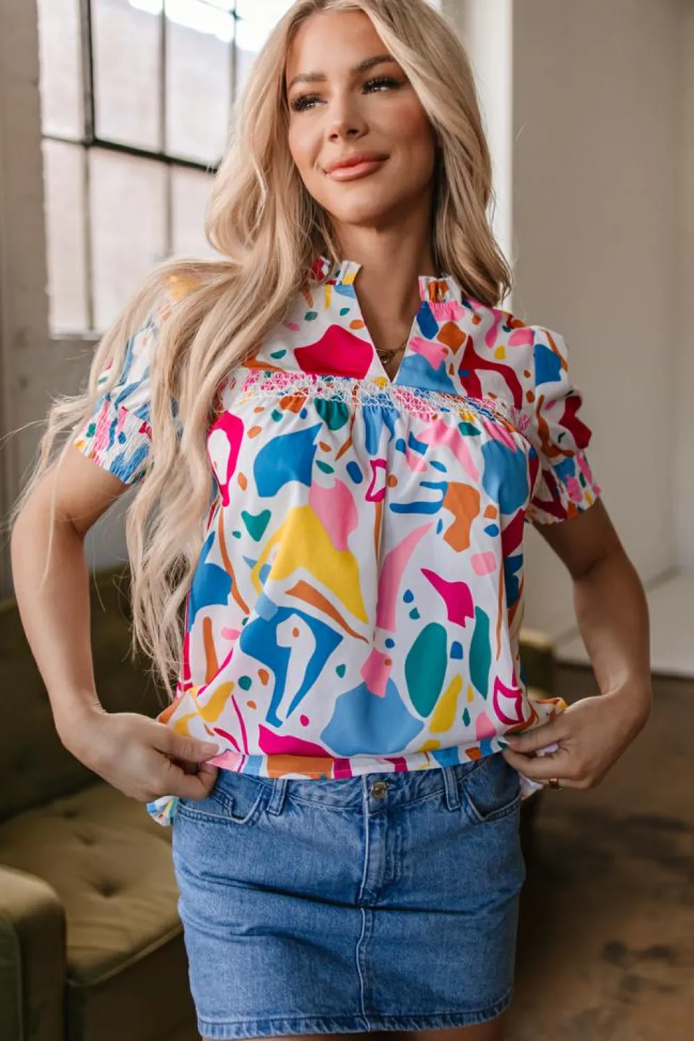 Sale Dear-Lover Abstract Print Lace Detail Shirred Short Sleeve Split Neck Blouse Multicolour