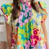 Clearance Dear-Lover Abstract Print Pleated Flutter Sleeve Blouse Multicolour