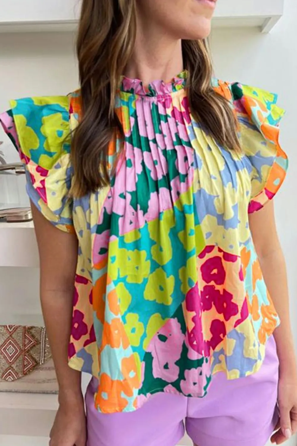 Clearance Dear-Lover Abstract Print Pleated Flutter Sleeve Blouse Multicolour