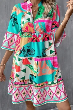 Sale Dear-Lover Abstract Printed Half Sleeve Notched Neck Mini Dress Multicolour