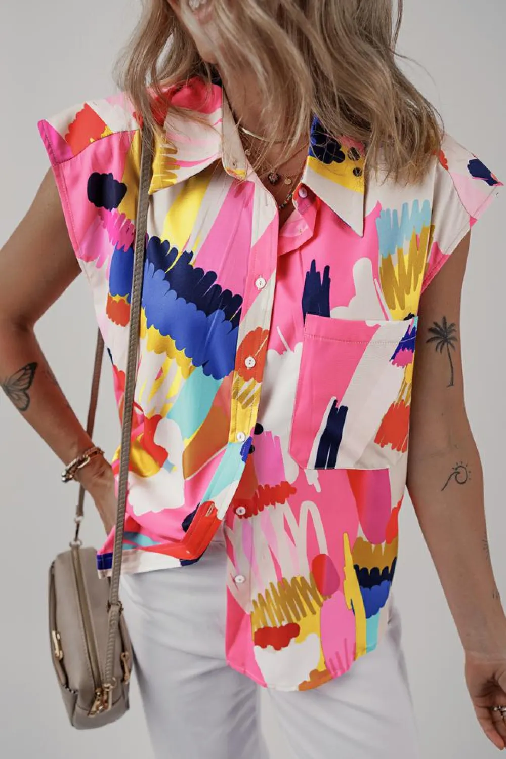 Outlet Dear-Lover Abstract Print Collared Cap Sleeve Casual Shirt Multicolour