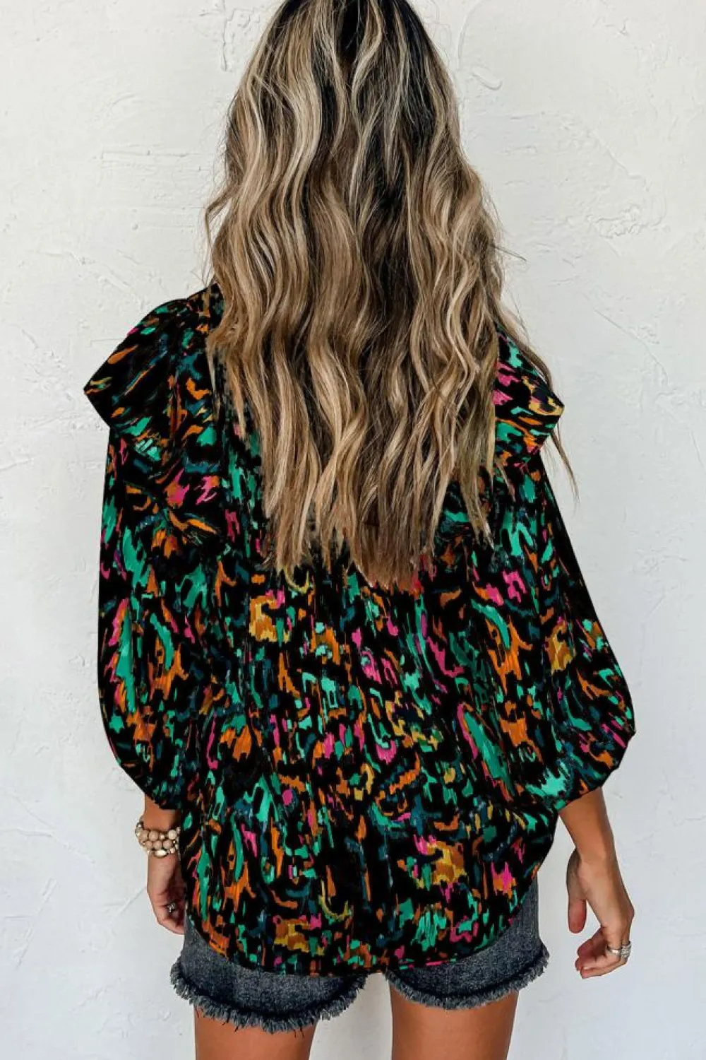 Clearance Dear-Lover Abstract Print 3/4 Puff Sleeve Ruffle Blouse Multicolour