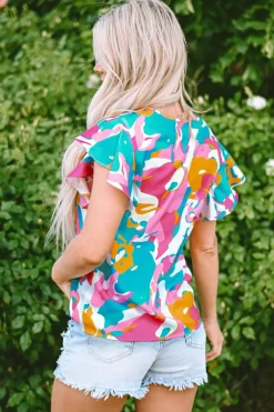 Hot Dear-Lover Abstract Print Notched Neck Flutter Sleeve Blouse Multicolour