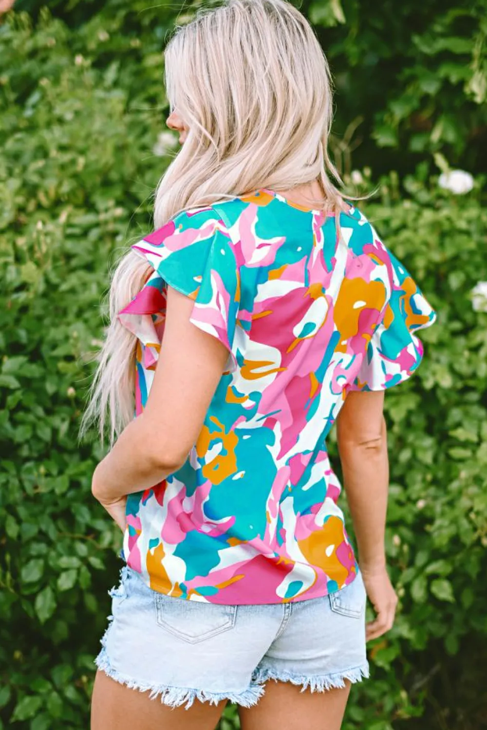 Hot Dear-Lover Abstract Print Notched Neck Flutter Sleeve Blouse Multicolour