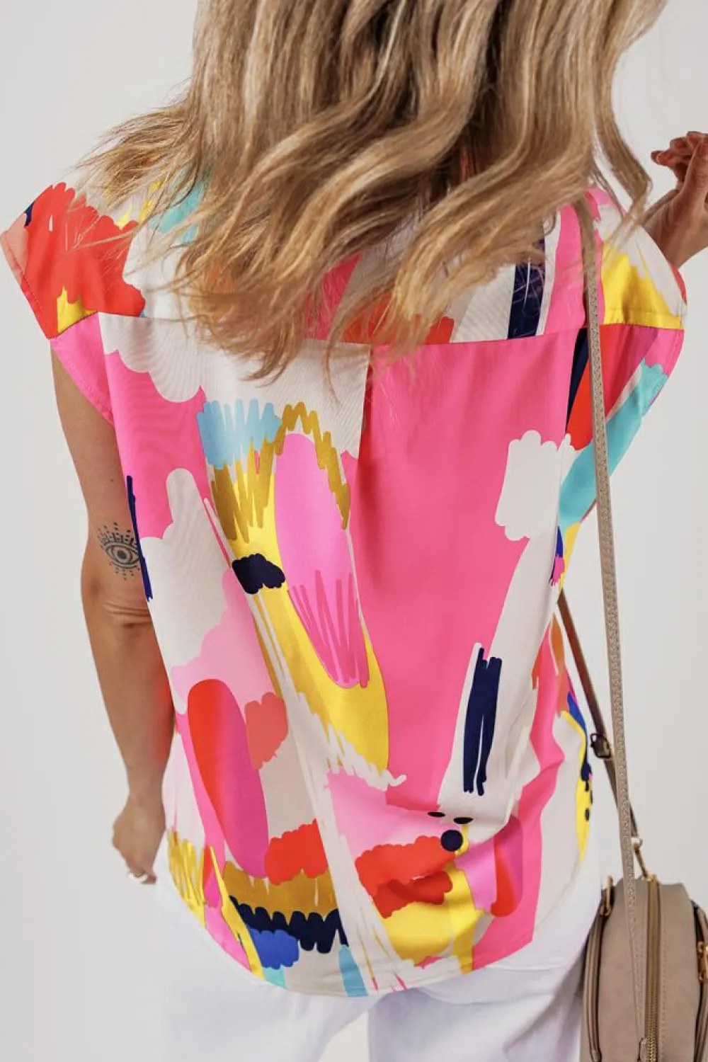 Outlet Dear-Lover Abstract Print Collared Cap Sleeve Casual Shirt Multicolour