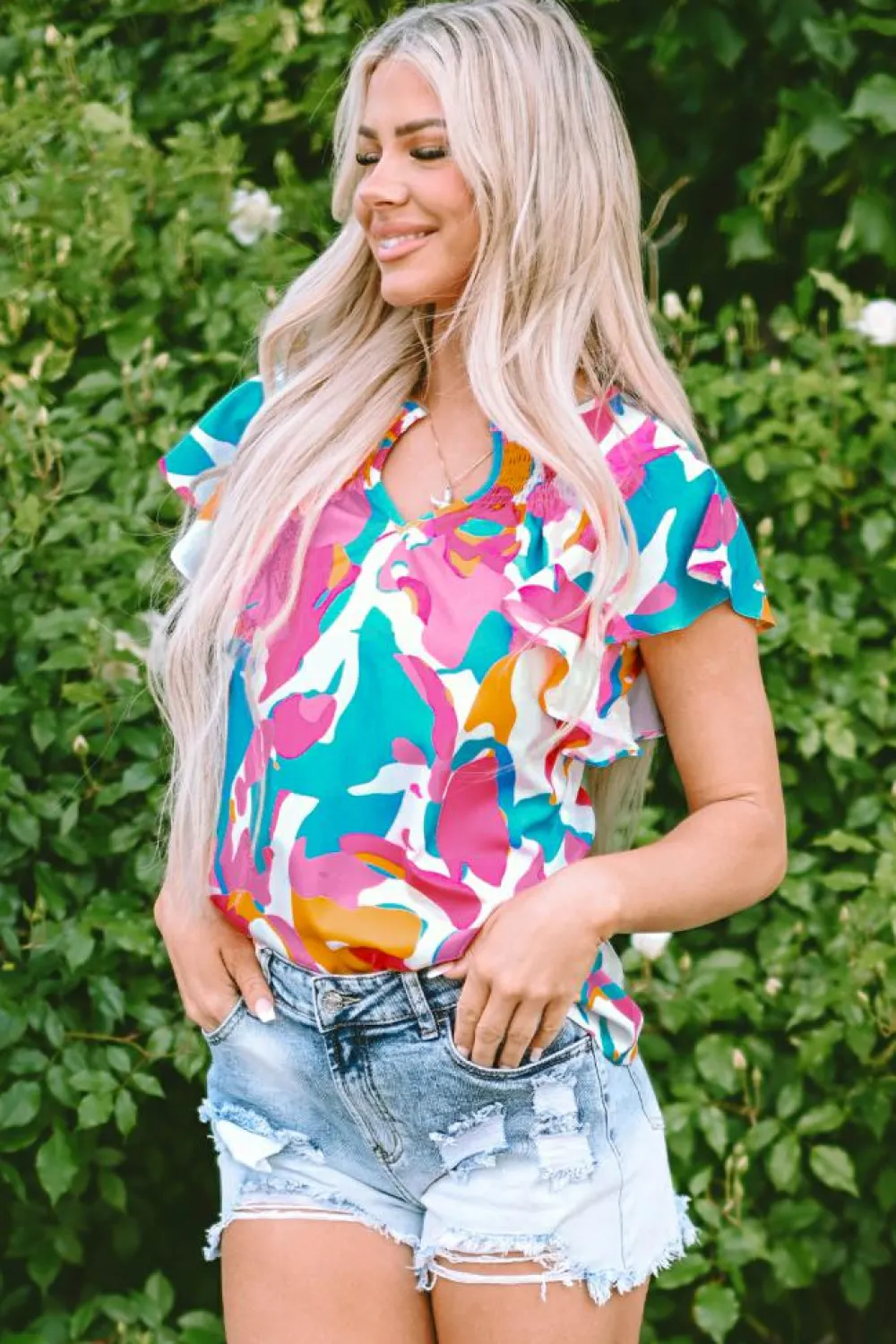 Hot Dear-Lover Abstract Print Notched Neck Flutter Sleeve Blouse Multicolour