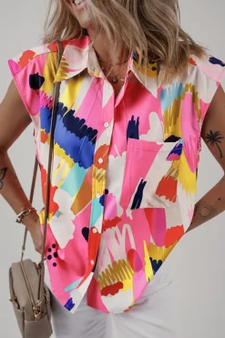 Outlet Dear-Lover Abstract Print Collared Cap Sleeve Casual Shirt Multicolour