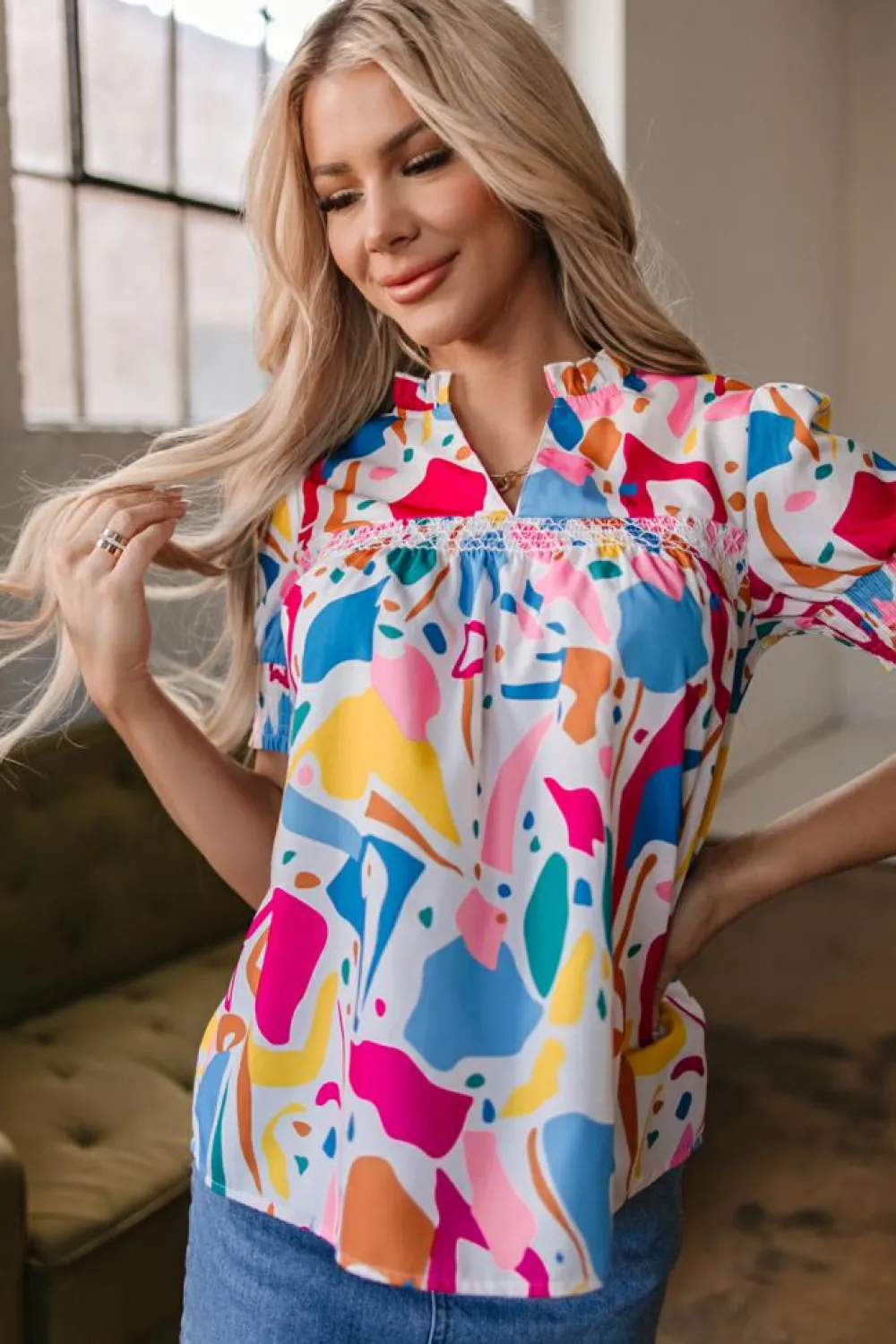 Sale Dear-Lover Abstract Print Lace Detail Shirred Short Sleeve Split Neck Blouse Multicolour