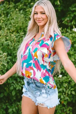 Hot Dear-Lover Abstract Print Notched Neck Flutter Sleeve Blouse Multicolour